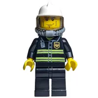 Fireman, Black Fire Jacket with Radio and Badge, White Helmet, Airtanks, Breathing Apparatus