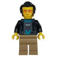 Man, Black Jacket, Dark Tan Legs, Sunglasses