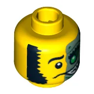 Minifig Head Mr. Good and Evil, Half Sand Green with Green Eye Open Grin Print [Blocked Open Stud]