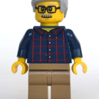 Man, Dark Blue Plaid Shirt, Dark Tan Legs, Light Bluish Gray Hair and Moustache, Glasses