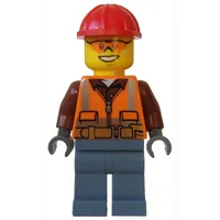 Lumberjack, Orange Safety Vest with Zipper over Reddish Brown Shirt, Sand Blue Legs, Red Hard Hat, Orange Safety Glasses
