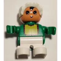 Duplo Figure, Early Child, with Bonnet White, and White Legs, Yellow Bib with Red Lace Print