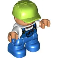 Duplo Figure Child with Cap Lime, with White Shirt under Blue Coveralls with worms in Pocket - Blue Legs