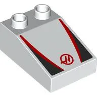 Duplo Brick 3 x 2 Slope 33° with Black and Red Panels, Red 'H' in Circle Print