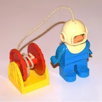 Duplo Figure, Early, Diving Helmet White, Blue Legs, with Attached 'Hose' and Red Reel