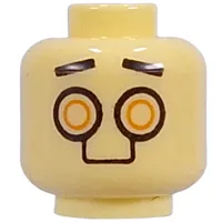 Minifig Head Black Eyebrows, Gold Droid Eyes, Metal Plating on Back, Orange Triangle Symbol
