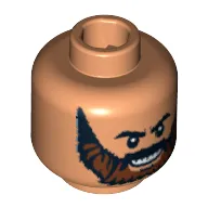 Minifig Head Temple Guard, Beard Brown Full with Black Knit Eyebrows and Grin with Teeth Print [Blocked Open Stud]