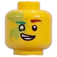 Minifig Head Mateo, Lime Spot over Eye, Green Left, Dark Red Right Eyebrow, Lime Left Eye, Open Mouth Lopsided Smile/Lopsided Grin