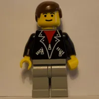 Man, Open Black Jacket over Red Shirt, Light Gray Legs, Brown Hair