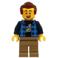 Man, Open Dark Blue Plaid Shirt, Dark Tan Legs, Reddish Brown Hair