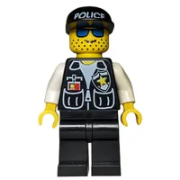 Policeman, Black Vest with Badge and Pockets, Black Legs, Black Cap with 'POLICE', Blue Sunglasses