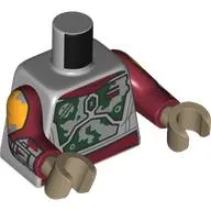Torso, Dark Green/Dark Red Worn-out Mandalorian Armor (Boba Fett) print, Dark Red Arms, Dark Tan Hands