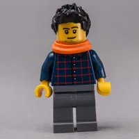 Man, Dark Blue Plaid Shirt, Dark Bluish Gray Legs, Black Hair, Orange Scarf, Stubble