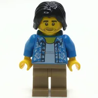 Man, Open Dark Azure Hawaiian Shirt, Dark Tan Legs, Black Hair