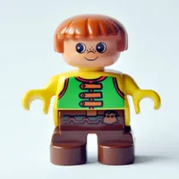 Duplo Figure, Early Child, with Straight Hair Fabuland Brown, Brown Legs, Green Vest Print