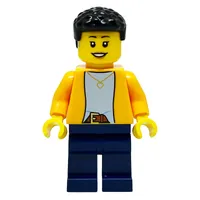 Bright Orange Torso, Dark Blue Legs, Black Hair, Hearing Aid