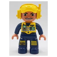 Duplo Figure with Headset and Cap Yellow, with Dark Blue Arms, and Legs, Yellow Knee Pads Print, and Yellow Vest with ID Badge and Radio, Open Mouth Print