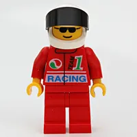 Racer, Red Jacket with Octan Logo and 'RACING', Red Legs, White Helmet with Black Visor, Sunglasses