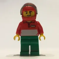 Pizza Delivery Man, Red and White Polo Shirt, Green Legs, Red Helmet with Visor