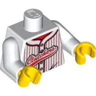 Torso Baseball Jersey, Vertical Red Stripes with Buttons and 'Clutchers' Logo Print, White Arms, Yellow Hands