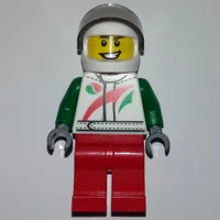 Racer, White and Green Jacket with Octan Logo, Red Legs, White Helmet with Trans-Brown  Visor