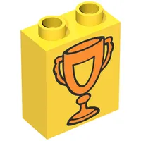 Duplo Brick 1 x 2 x 2 with Trophy Cup with Shield, Orange Print