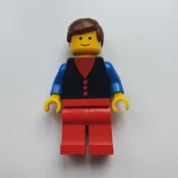 Man, Black Vest over Red Shirt, Red Legs, Brown Hair