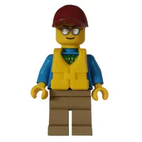 Man, Open Dark Azure Hoodie over Lime Shirt, Dark Tan Legs, Dark Red Cap, Yellow Life Vest, Silver Sunglasses