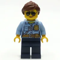 Policewoman, Bright Light Blue Shirt with Radio and Badge, Dark Blue Legs, Reddish Brown Hair, Sunglasses