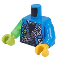 Torso, Odd Arms and Hands, Jacket, Black Shirt, Dark Bluish Grey Strap with Pouch print, Left Dark Azure Arm and Yellow Hand, Right Trans-Bright Green Arm and Lime Hand