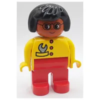 Duplo Figure, Early, Hair Bob Black, Red Legs, Red Buttons and Gray Wrench, Glasses Print