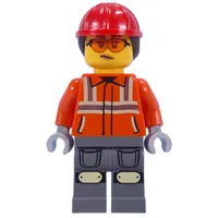 Construction Worker, Reddish Orange Jacket, Red Hard Hat with Ponytail