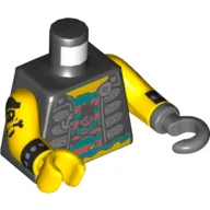 Torso Vest Jacket, with Anchor Badge, Open over Dark Turquoise and Coral Undershirt with Skull and Crossbones Print, Yellow Arms with Pirate Skull Tattoo Print, Yellow Hand Right, Dark Bluish Gray Hook Left