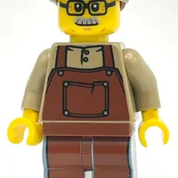 Man, Dark Tan Shirt with Reddish Brown Apron, Glasses and Moustache, Reddish Brown Hat