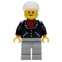 Man, Black Jacket over Red Shirt, Light Gray Legs, White Cap