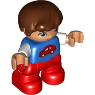 Duplo Figure Child, Hair Combed Forward with Curl Reddish Brown, Red Legs, White Sleeves and Red Car Print