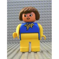 Duplo Figure, Early, Hair Bob Brown, Yellow Legs, Yellow Scarf with Blue Dots, Yellow Arms, White Eyes Print