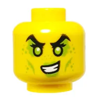 Minifig Head Tox, High Black Eyebrows, Lime Eyes, Markings, Crooked Smile print