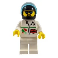 Racer, White Jacket with Zipper and Octan Logo, Black Helmet with Visor, Blue Sunglasses and Moustache