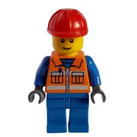 Construction Worker, Orange Safety Vest with Zipper and Pockets, Blue Legs, Red Hard Hat