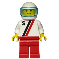 Man, White Shirt with Two Stripes and 'S', Red Legs, White Helmet with Visor