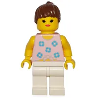 Woman, Tied Pink Tank Top with Flowers, White Legs, Black Hair