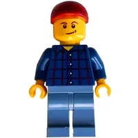 Man, Dark Blue Plaid Shirt, Sand Blue Legs, Dark Red Cap