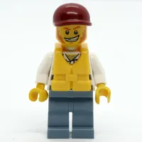 Criminal, Overalls over Prison Shirt, Dark Red Cap, Yellow Life Vest