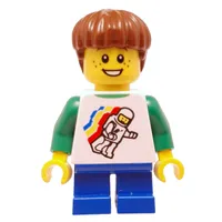 Boy, Floating Classic Spaceman on Shirt, Short Blue Legs, Reddish Brown Hair