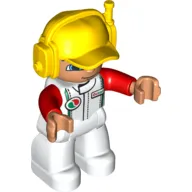 Duplo Figure with Headset and Cap Yellow, with White Race Suit with Red Sleeves and Octan Logo Print, Nougat Face and Hands, and White Legs