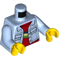 Torso Jacket, Denim with Pockets, Open over Red Undershirt with Blue, Yellow, and Green Stripe Print, Bright Light Blue Arms, Yellow Hands