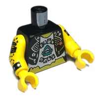 Torso Vest Jacket, Open over White Shirt with Dark Turquoise Shark, Tattoos print, Yellow Arms and Hands