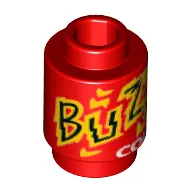 Brick Round 1 x 1 Open Stud with 'Buzz Cola' Print