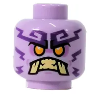 Minifig Head Poulerik / Rumble Keeper, Bright Light Orange Eyes, Tan Teeth, Fangs, Dark Purple Lightning print